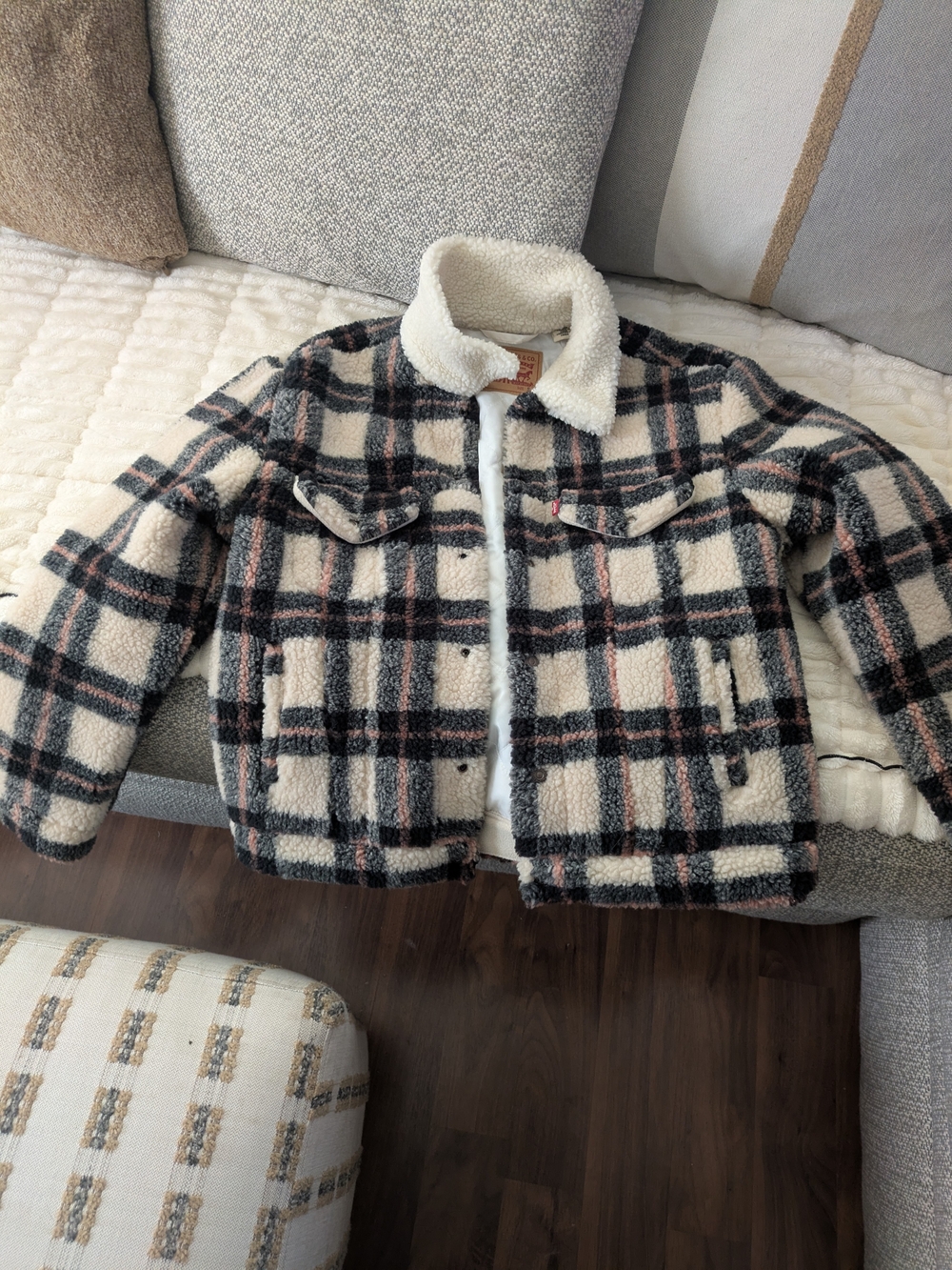 Levi's Sherpa-Trim Plaid Jacket in Cream, Black & Pink